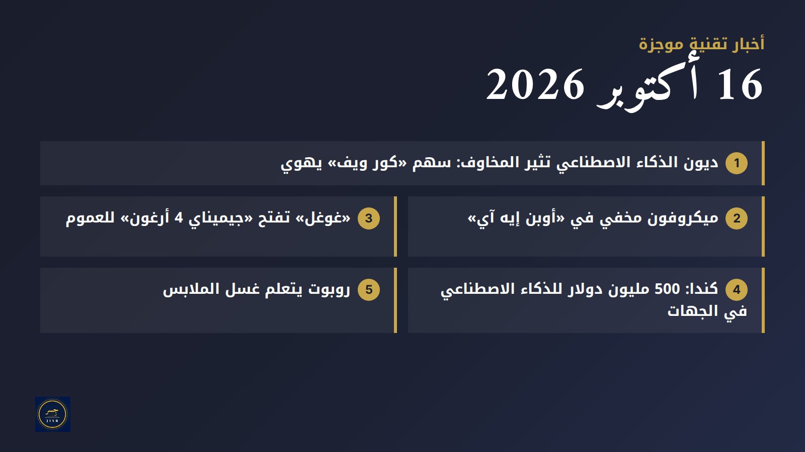 أخبار تقنية موجزة 🤖 — 16 أكتوبر 2026: ديون الذكاء الاصطناعي تثير المخاوف، ميكروفون مخفي في «أوبن إيه آي»، وروبوت يغسل الملابس