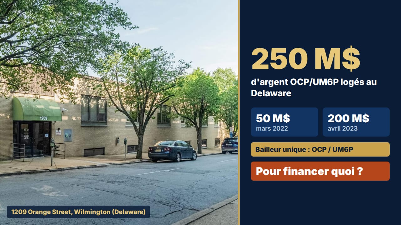 250 millions de dollars d’argent OCP/UM6P logés au Delaware : les bureaux de Corporation Trust Company, 1209 Orange Street, Wilmington, agent enregistré de Bidra